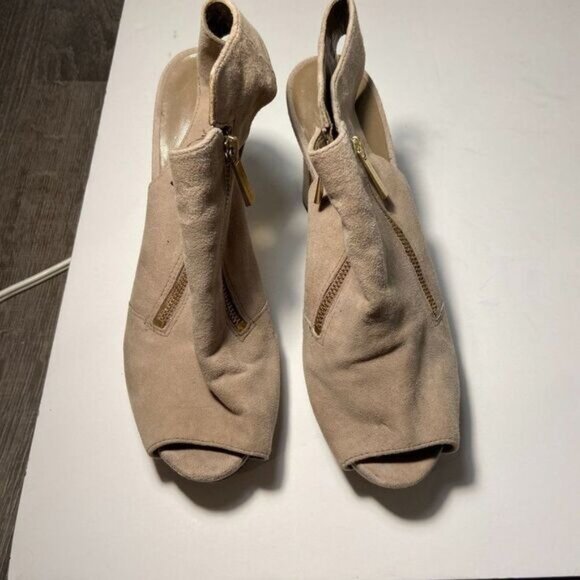 Franco Sarto Suede Tan Leather Peep Toe Chunky Heel Shoe‎ Sandals - Picture 2 of 11